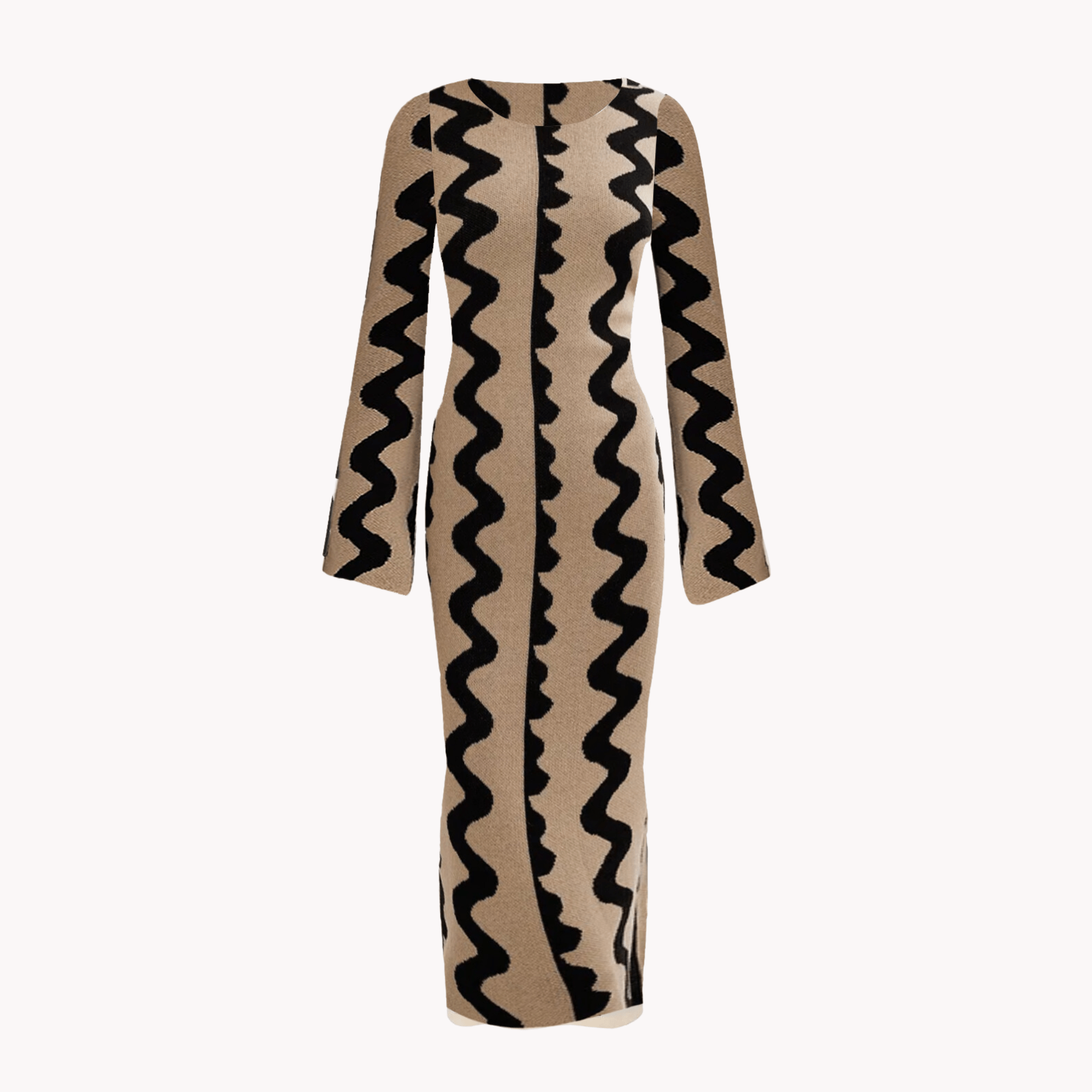 Knitted Wave Print Beige Dress - Kelly Obi New York