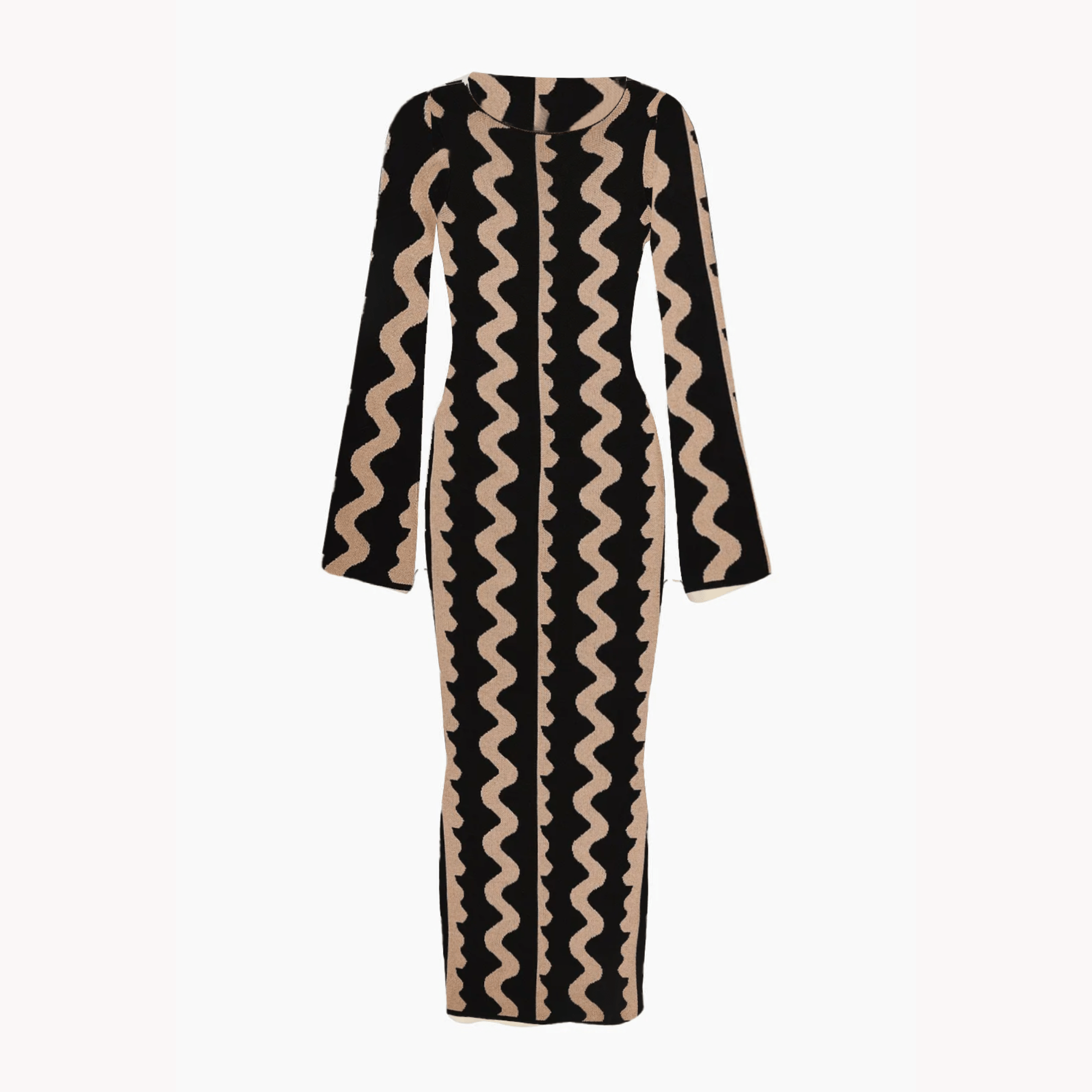 Knitted Wave Print Black Beige Dress - Kelly Obi New York