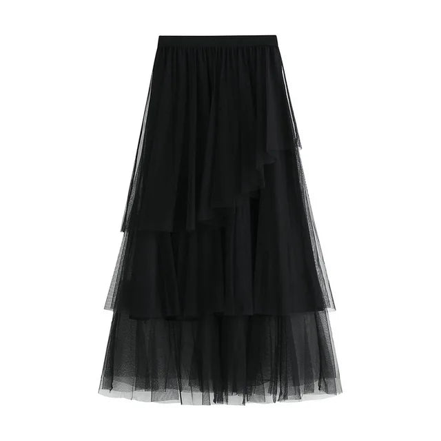 Layered Ruffles Mesh Midi Skirt - Kelly Obi New York