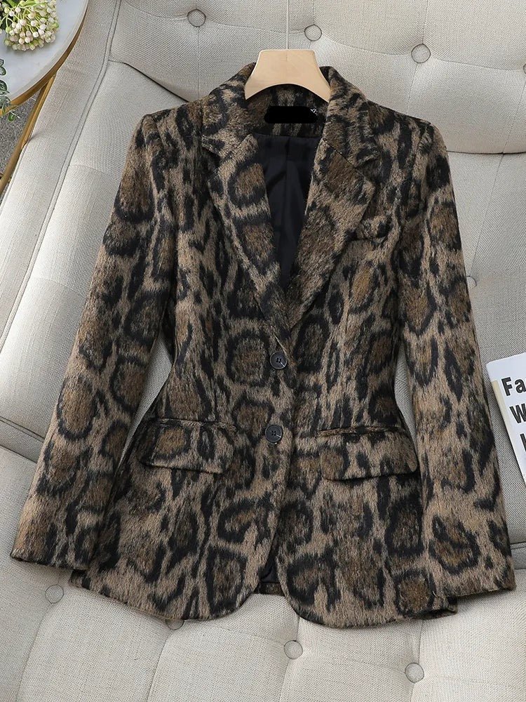 Leopard Long Sleeves Woolen Blazer - Kelly Obi New York