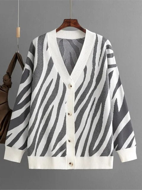 Letters and Animal Print Loose Cardigan - Kelly Obi New York