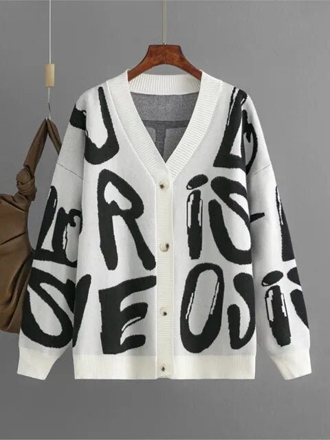 Letters and Animal Print Loose Cardigan - Kelly Obi New York