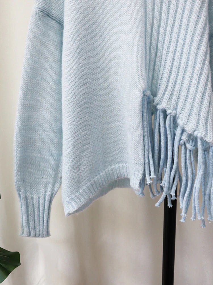 Light Blue Knot Tassels Knit Pullover - Kelly Obi New York