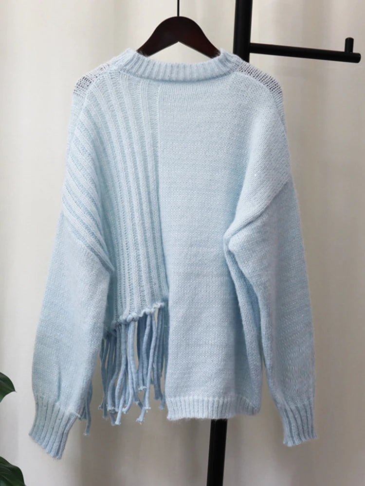 Light Blue Knot Tassels Knit Pullover - Kelly Obi New York