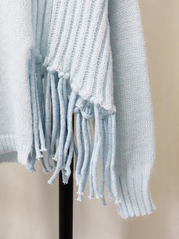 Light Blue Knot Tassels Knit Pullover - Kelly Obi New York