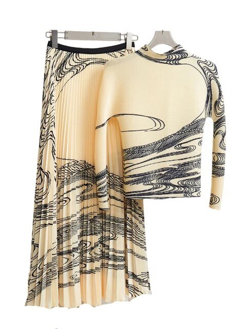 Line Art Pleated Top + Skirt Set - Kelly Obi New York