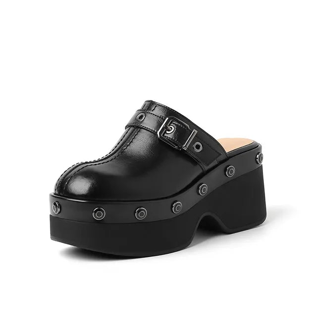 Metal Buckle Rivets Platform Mule - Kelly Obi New York