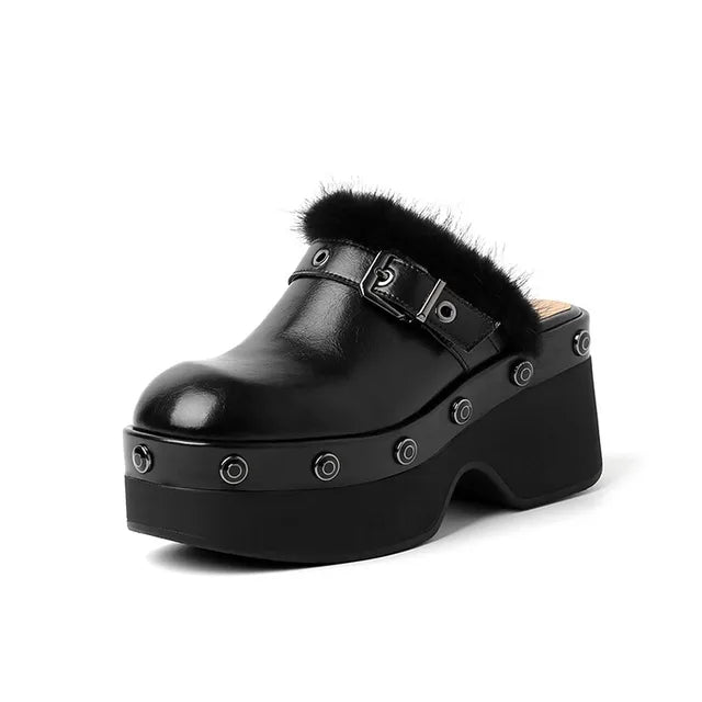 Metal Buckle Rivets Platform Mule - Kelly Obi New York