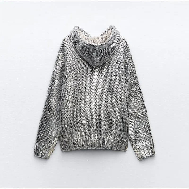 Metallic Ribbed Hooded Knit Sweater - Kelly Obi New York