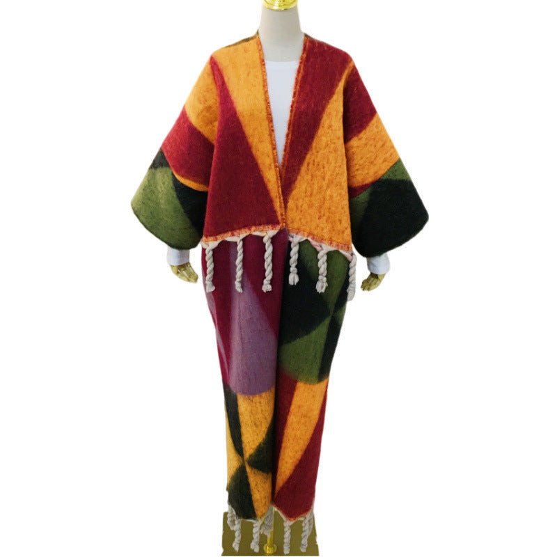 Multicolor Deep V Tassel Fuzzy Coat - Kelly Obi New York