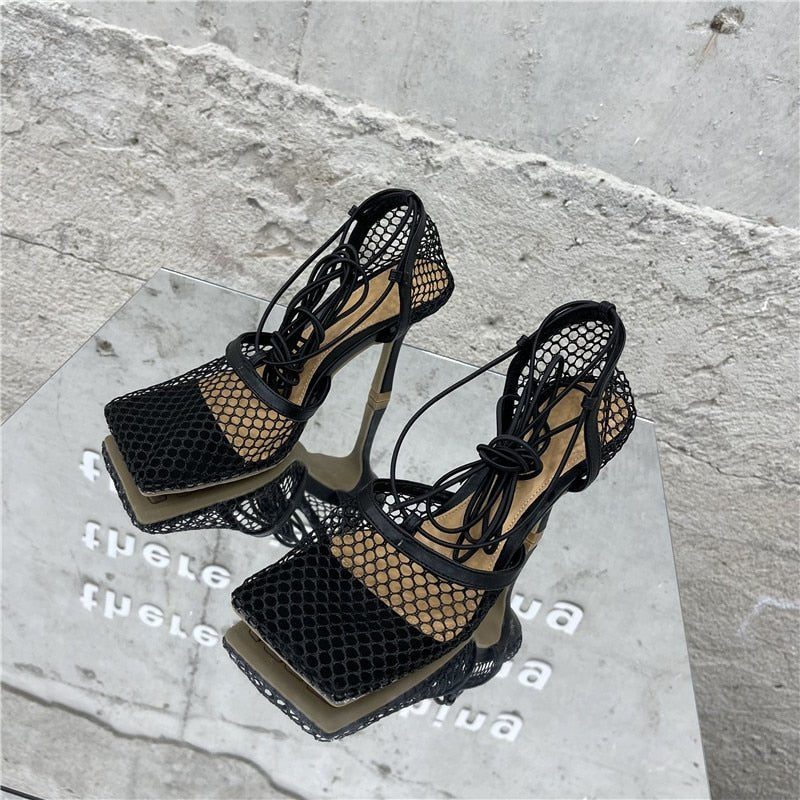 Netted Tie Up Heels - Kelly Obi New York