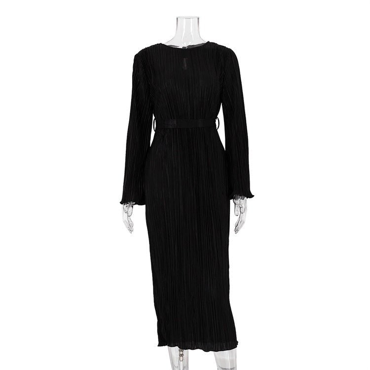 Pleated Ankle Length Belted Dress - Kelly Obi New York
