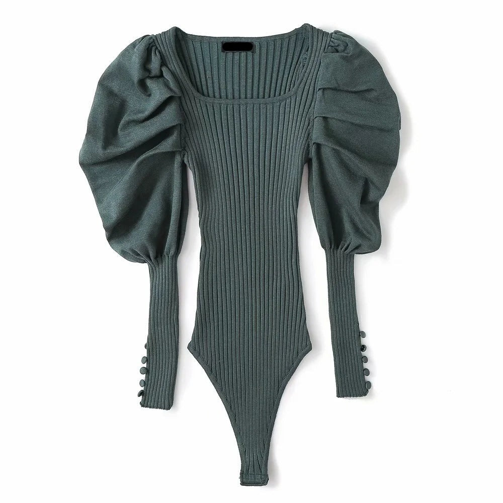 Pleated Puff Sleeves Knitted Bodysuit - Kelly Obi New York