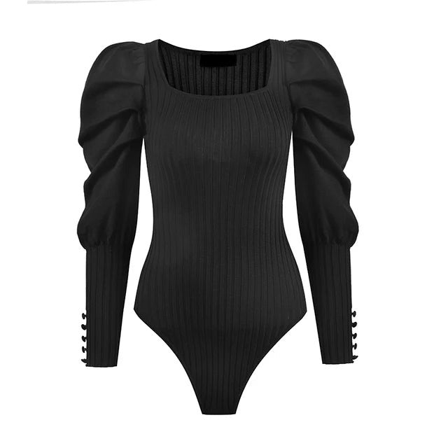 Pleated Puff Sleeves Knitted Bodysuit - Kelly Obi New York