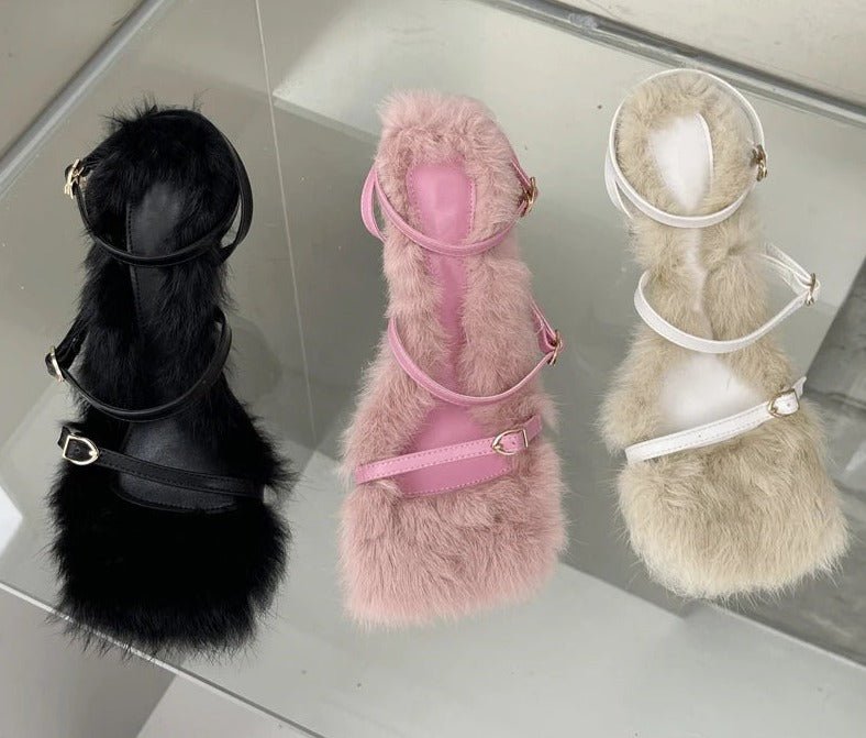 Plush Fur High Heels Sandals - Kelly Obi New York