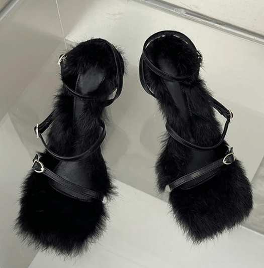 Plush Fur High Heels Sandals Black EU 36 US 5