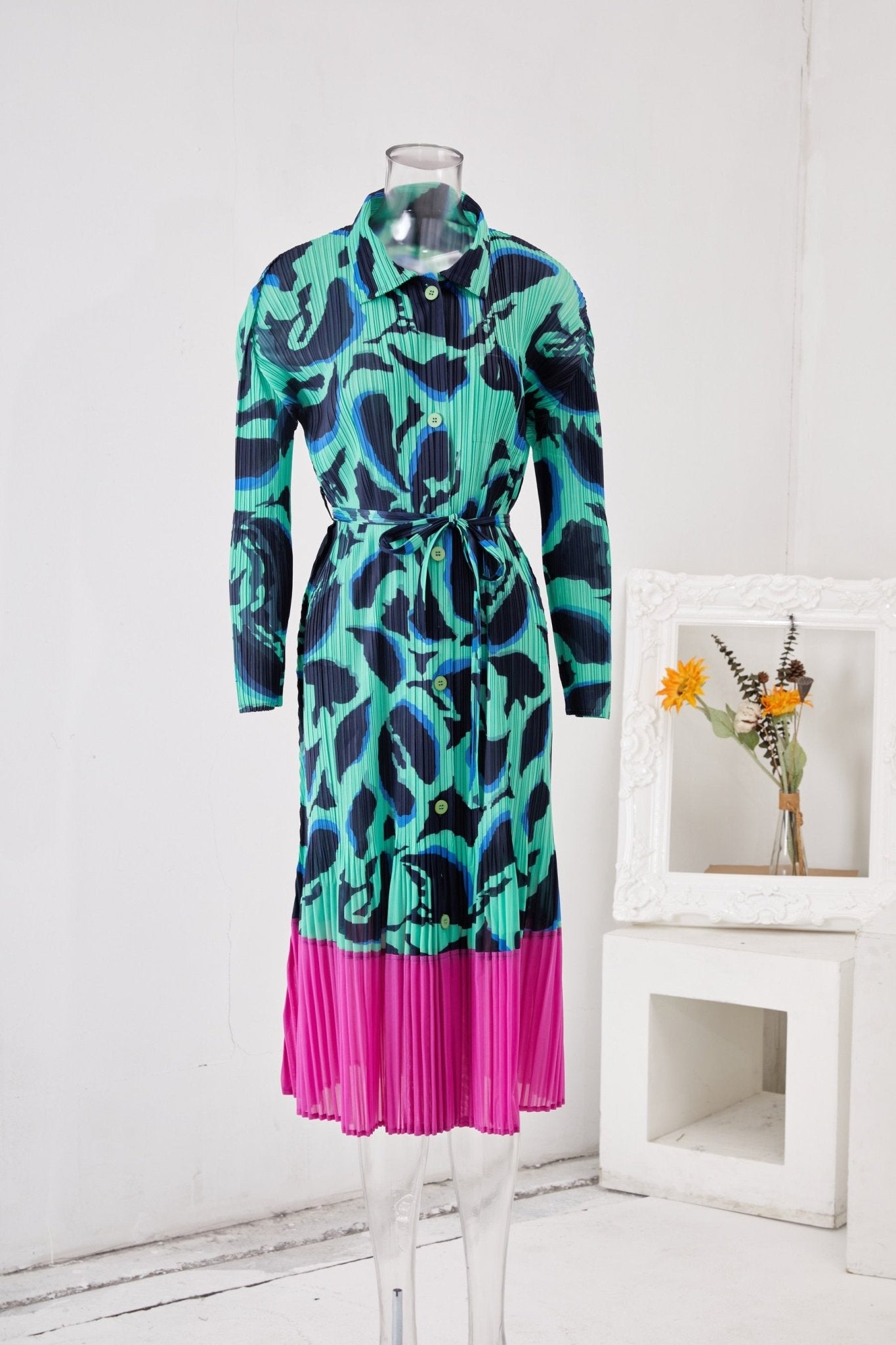 Printed Pleated Dress - Kelly Obi New York