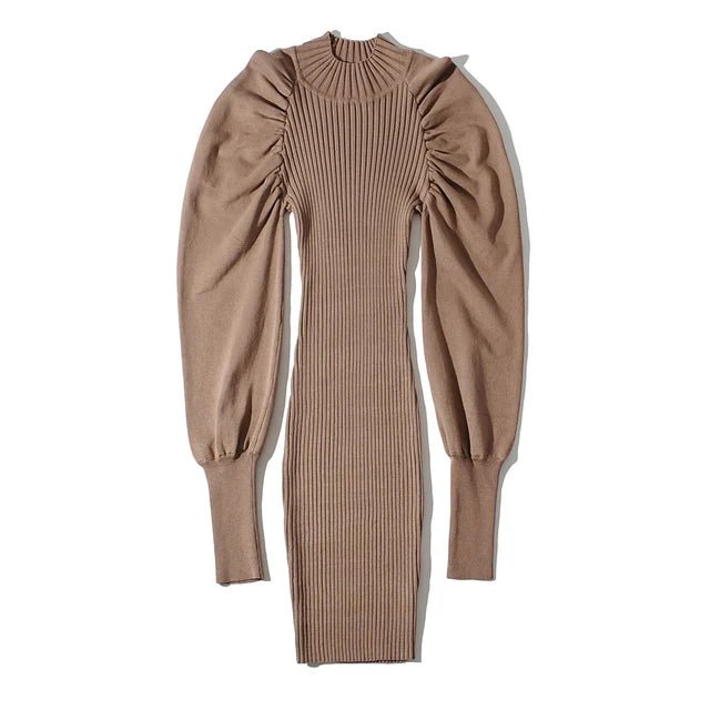 Puff Sleeves Knit Midi Dress - Kelly Obi New York