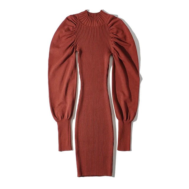 Puff Sleeves Knit Midi Dress - Kelly Obi New York