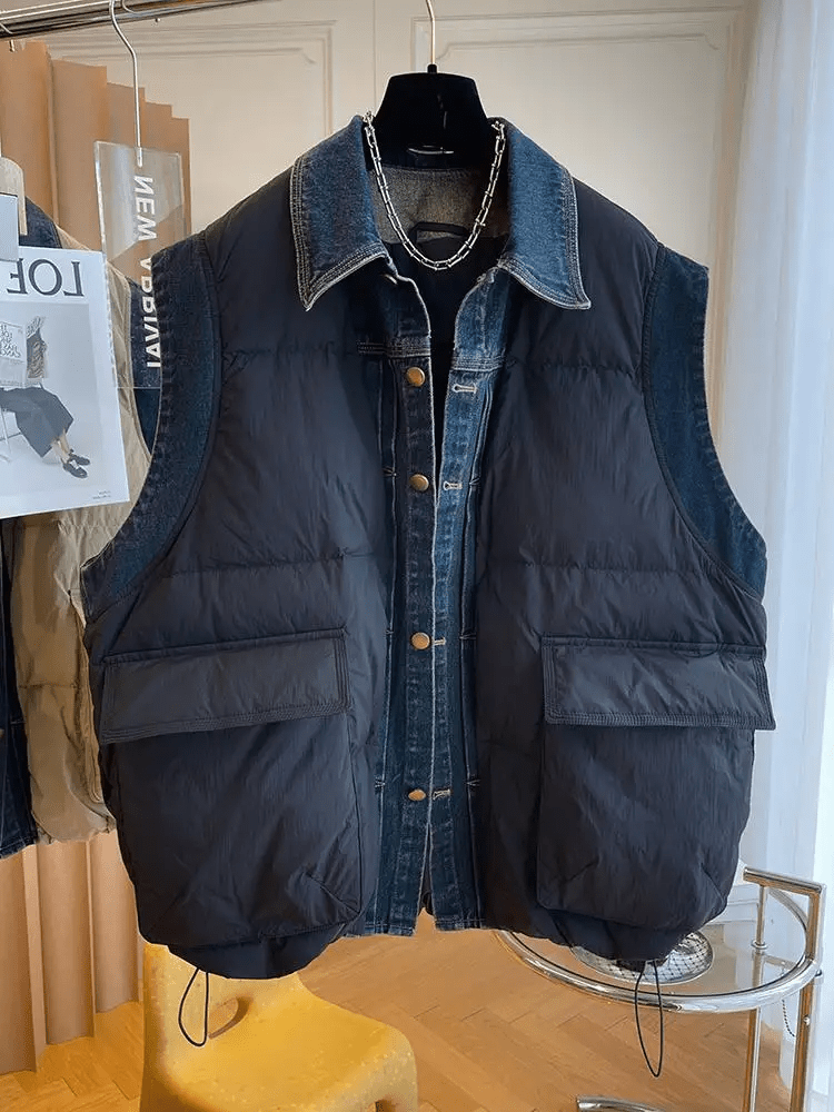 Quilted Button-Down Denim Spliced Vest - Kelly Obi New York