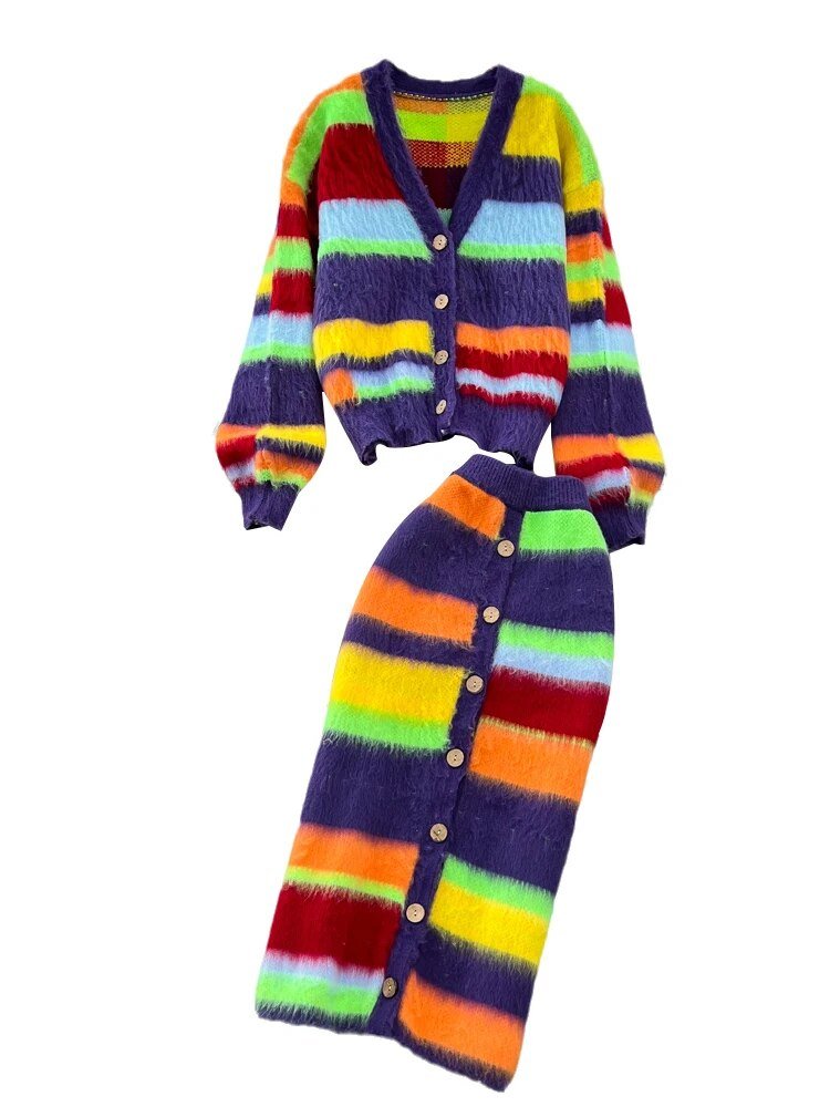 Rainbow Button Up Knit Sweater +Skirt Set - Kelly Obi New York