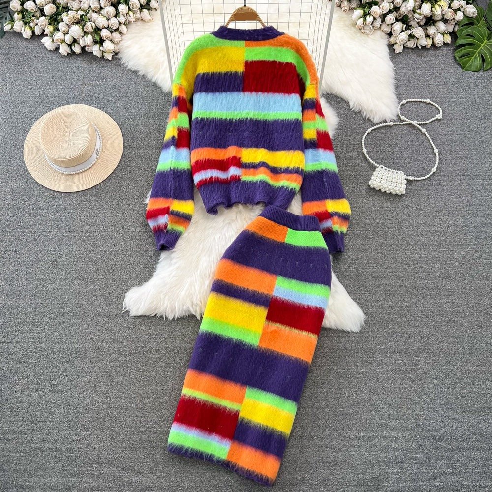 Rainbow Stripes Knit Sweater + Skirt Set - Kelly Obi New York