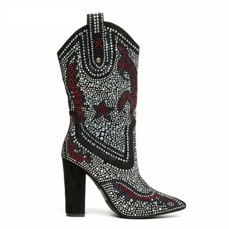 Rhinestone Studded Western Boots - Kelly Obi New York