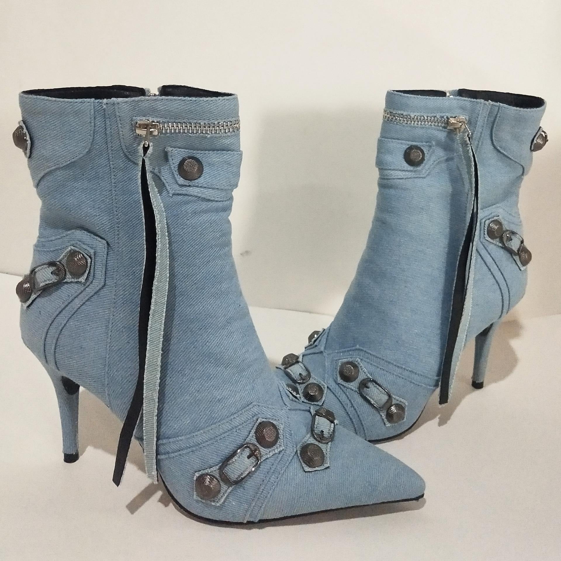 Rivets and Buckles Denim Boots - Kelly Obi New York