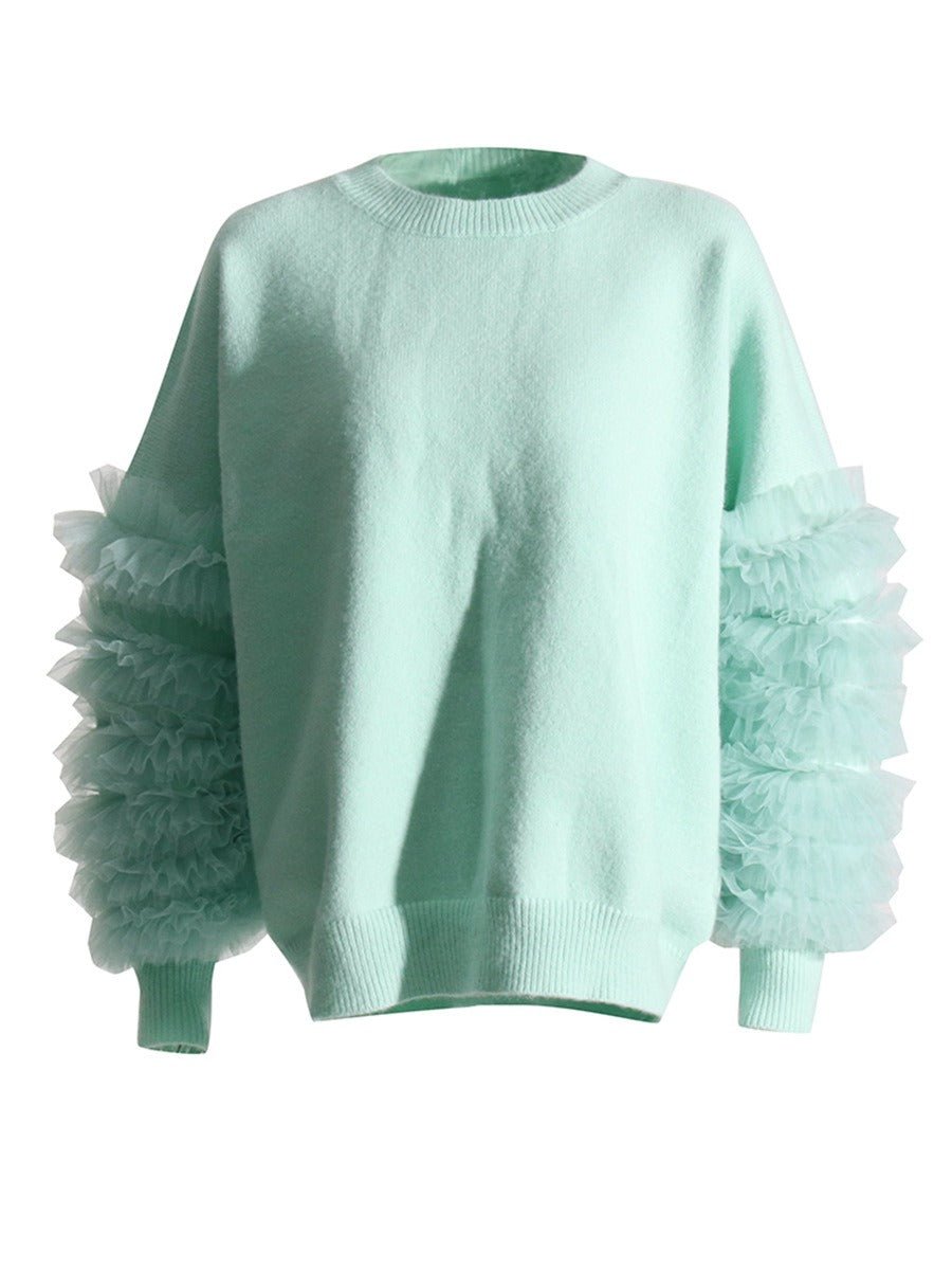 Ruffled Mesh Sleeves Knit Sweater - Kelly Obi New York