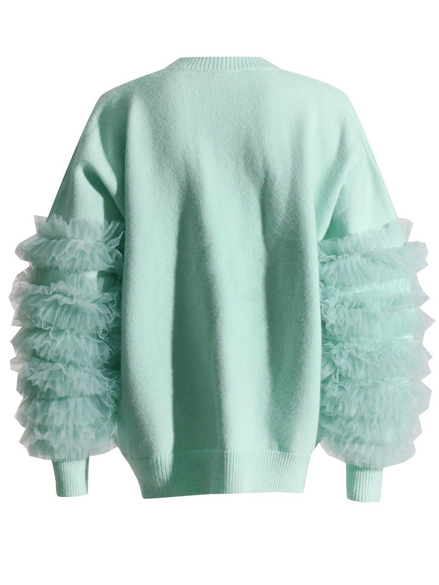 Ruffled Mesh Sleeves Knit Sweater - Kelly Obi New York