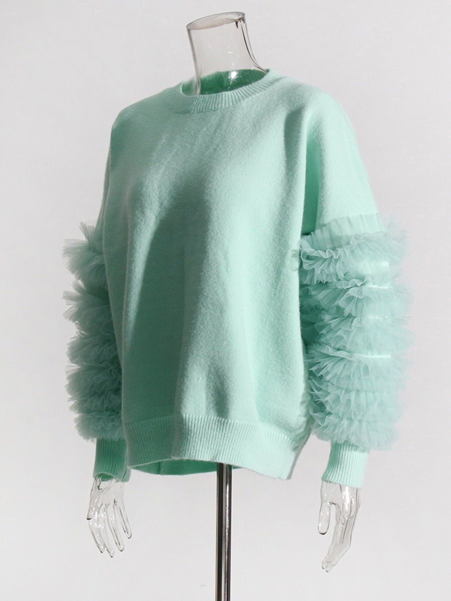 Ruffled Mesh Sleeves Knit Sweater - Kelly Obi New York