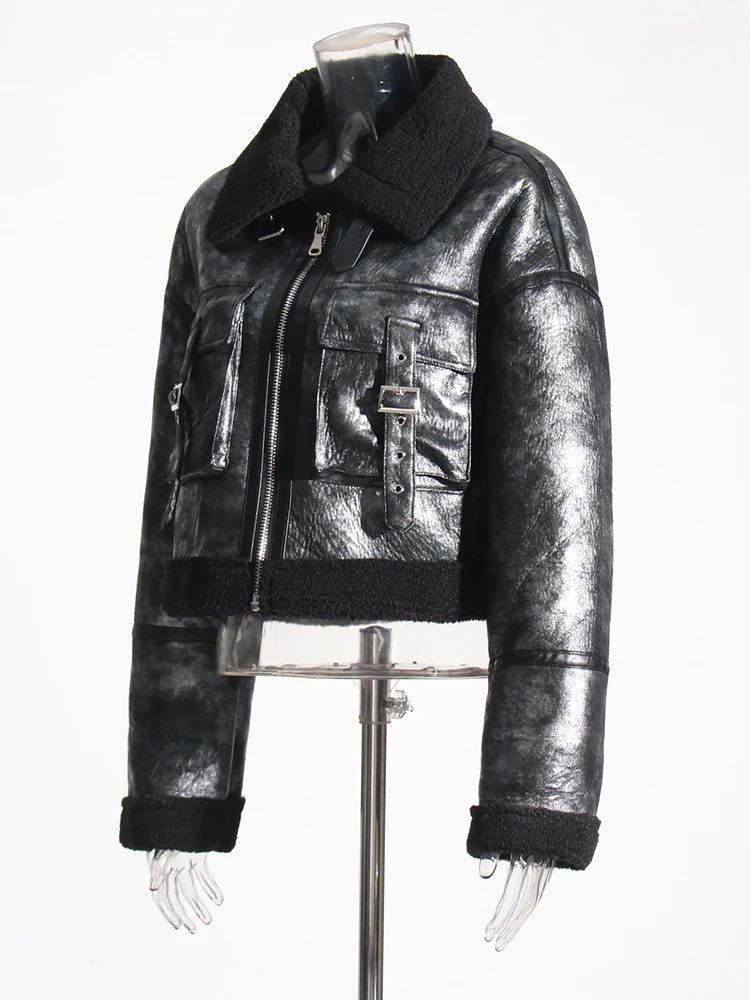 Saddle Pockets Faux Leather Short Coat - Kelly Obi New York