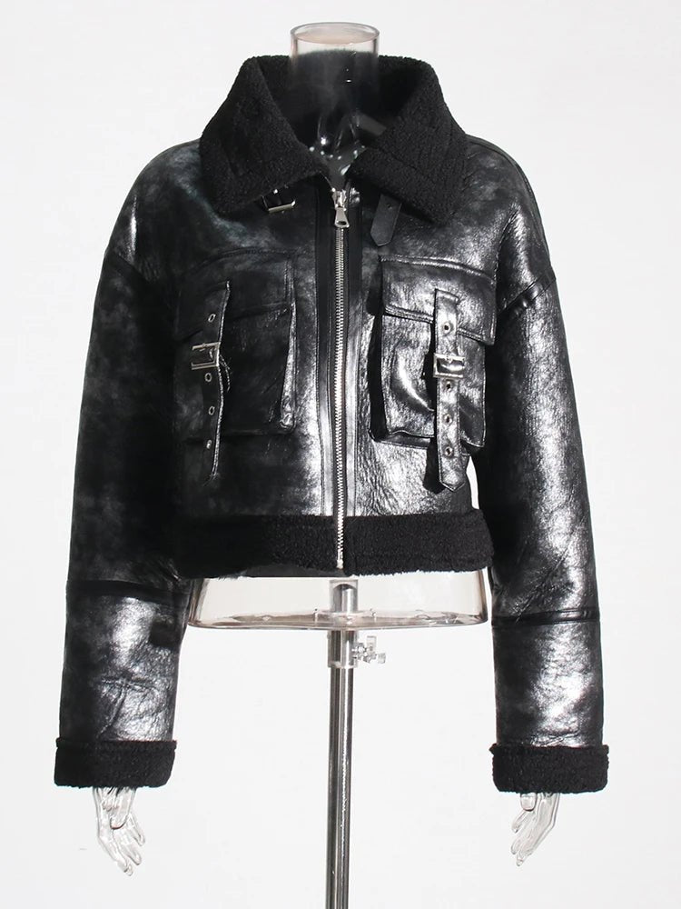 Saddle Pockets Faux Leather Short Coat - Kelly Obi New York