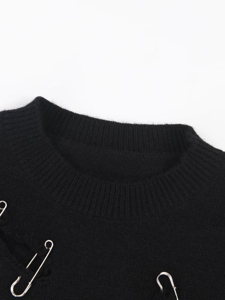 Safety Pins Slashed Knit Sweater - Kelly Obi New York