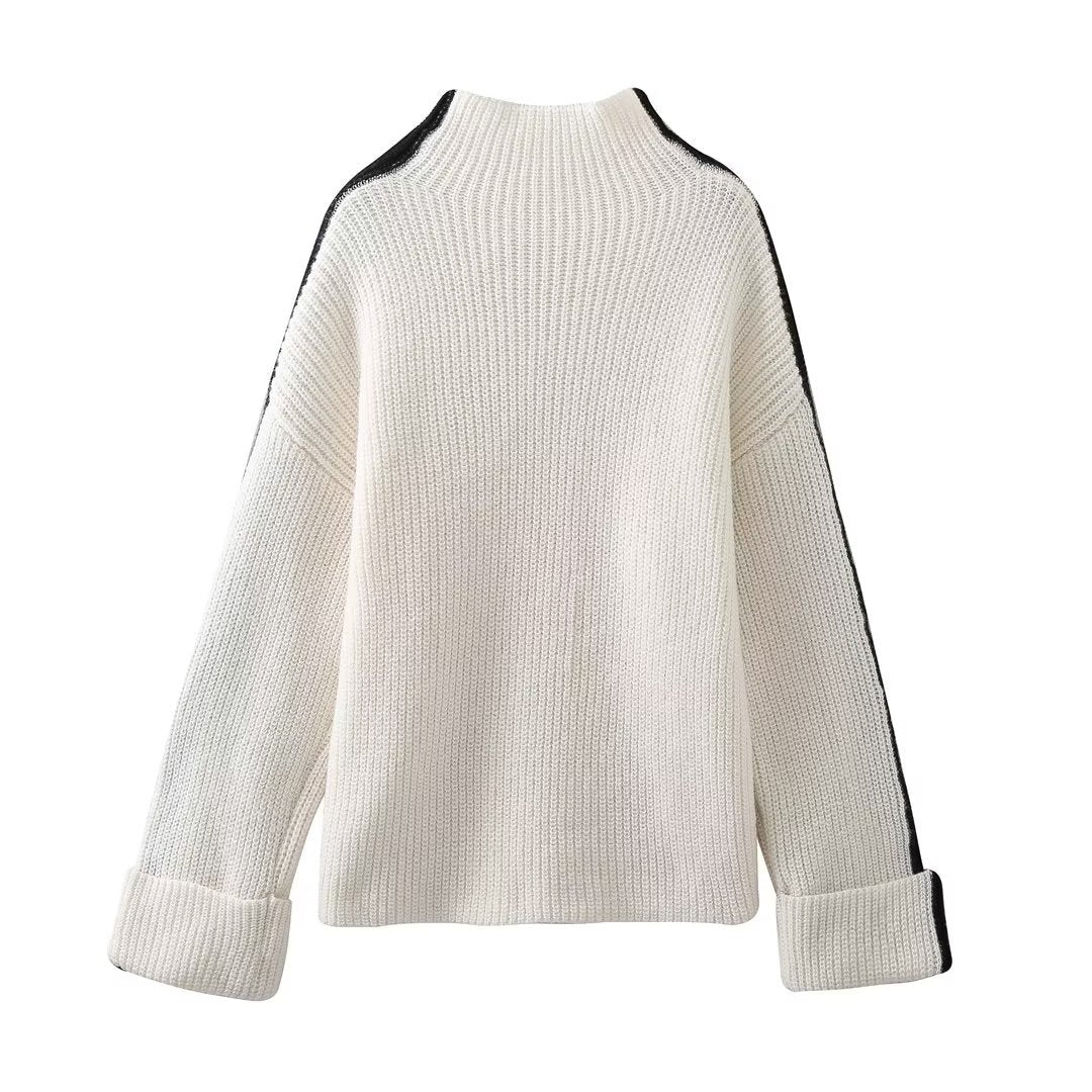 Side Striped Half Turtleneck Knit Pullover - Kelly Obi New York