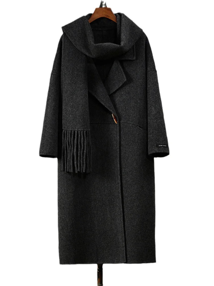 Single Button Scarf Collar Wool Coat - Kelly Obi New York