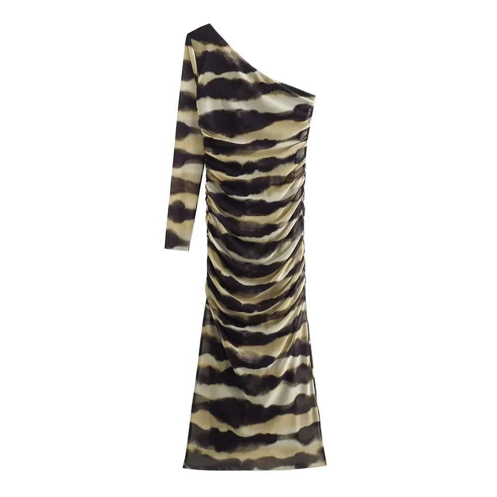 Single Sleeve Pleated Striped Midi Dress - Kelly Obi New York