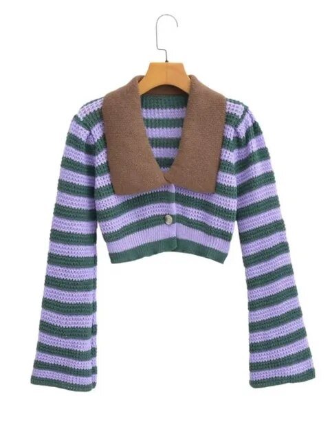 Striped Knitted Contrast Collar Jacket - Kelly Obi New York