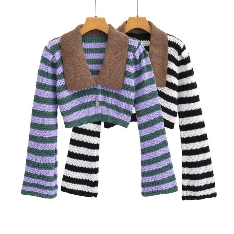 Striped Knitted Contrast Collar Jacket - Kelly Obi New York