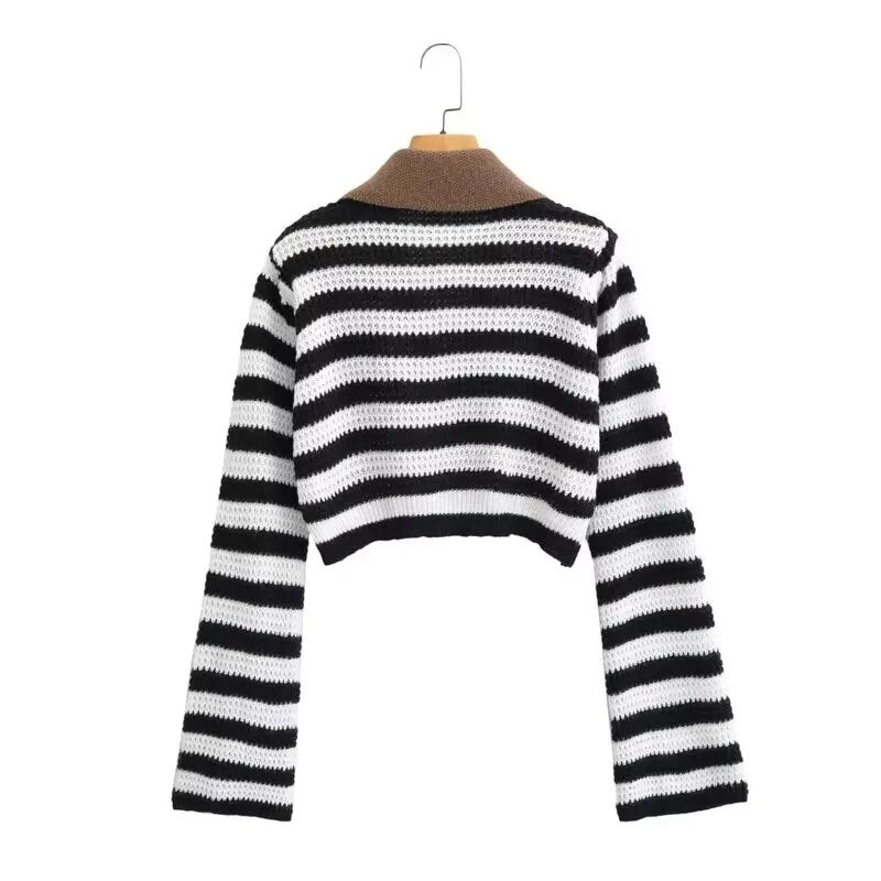 Striped Knitted Contrast Collar Jacket - Kelly Obi New York