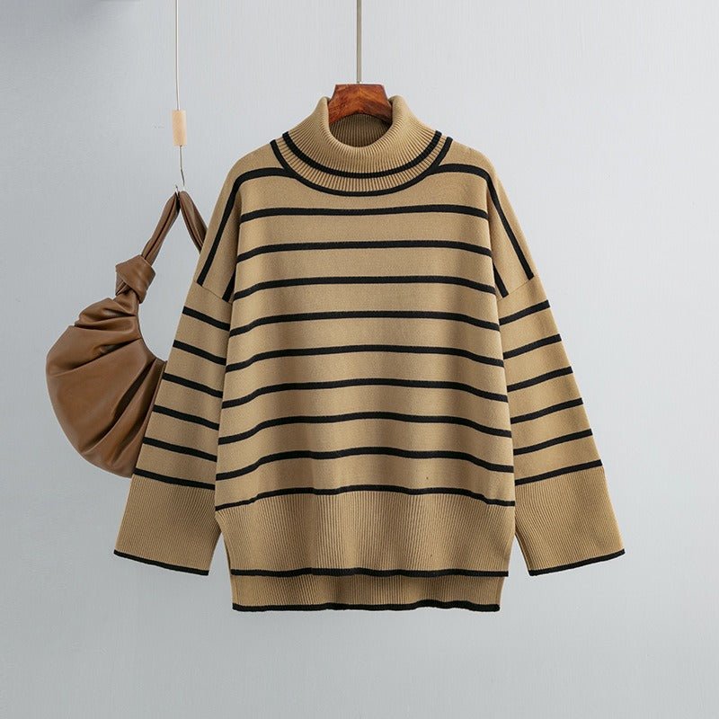 Striped Ribbed Turtleneck Knit Sweater - Kelly Obi New York