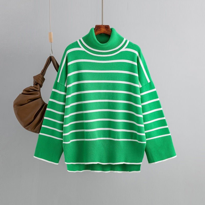 Striped Ribbed Turtleneck Knit Sweater - Kelly Obi New York