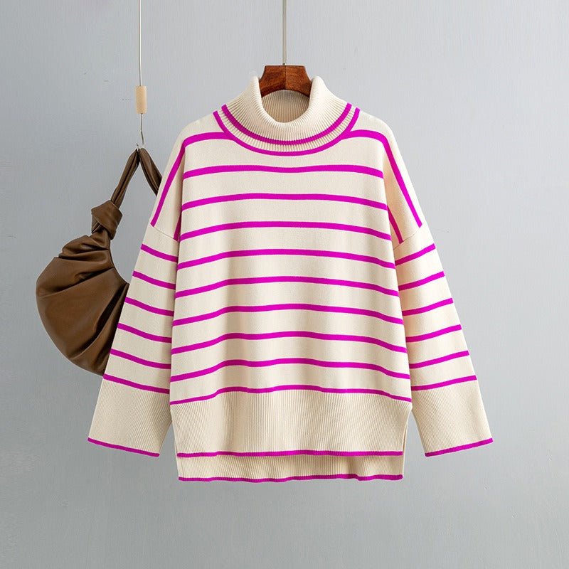 Striped Ribbed Turtleneck Knit Sweater - Kelly Obi New York