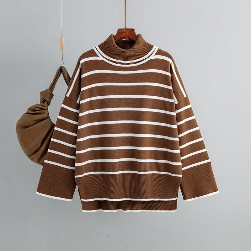 Striped Ribbed Turtleneck Knit Sweater - Kelly Obi New York