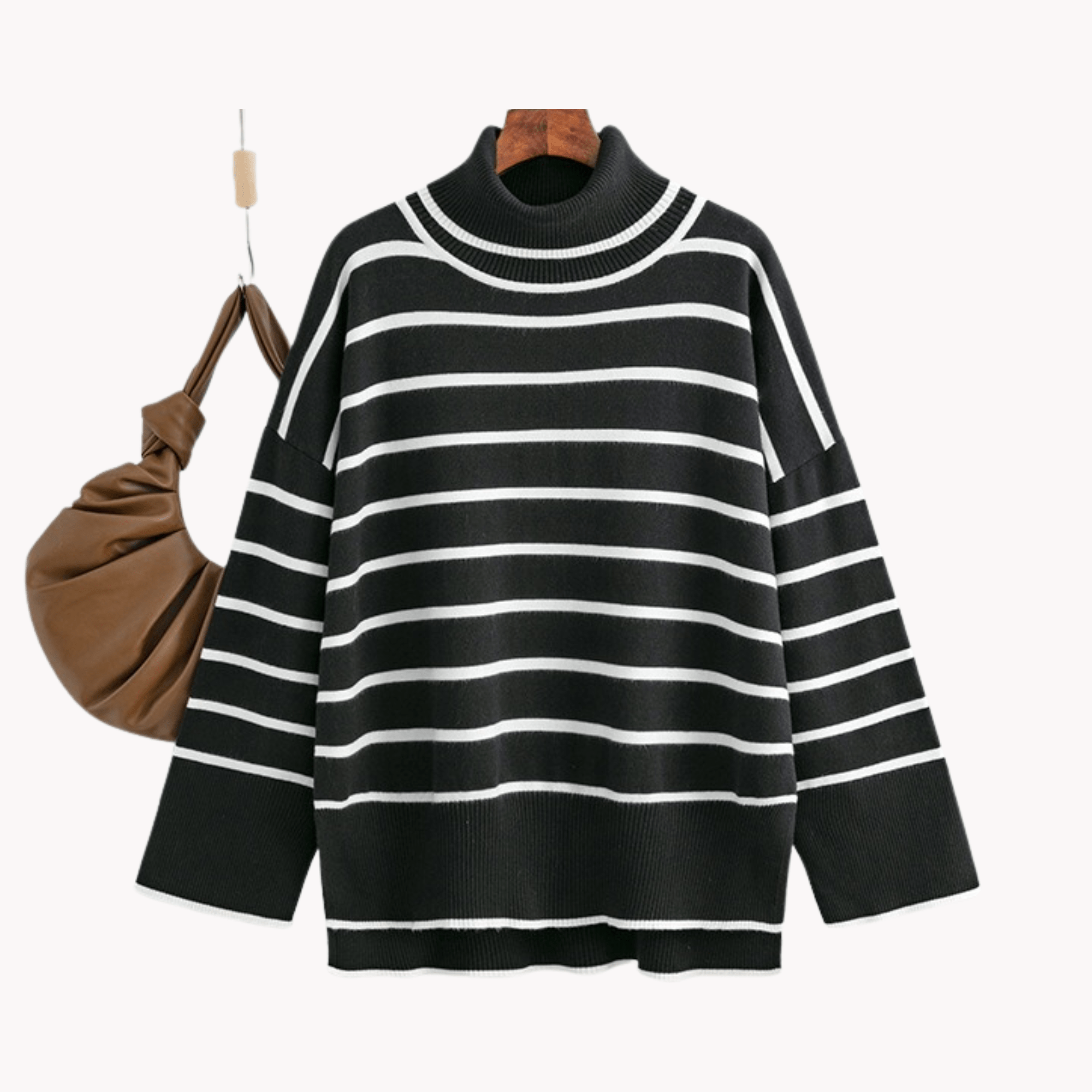 Striped Ribbed Turtleneck Knit Sweater - Kelly Obi New York