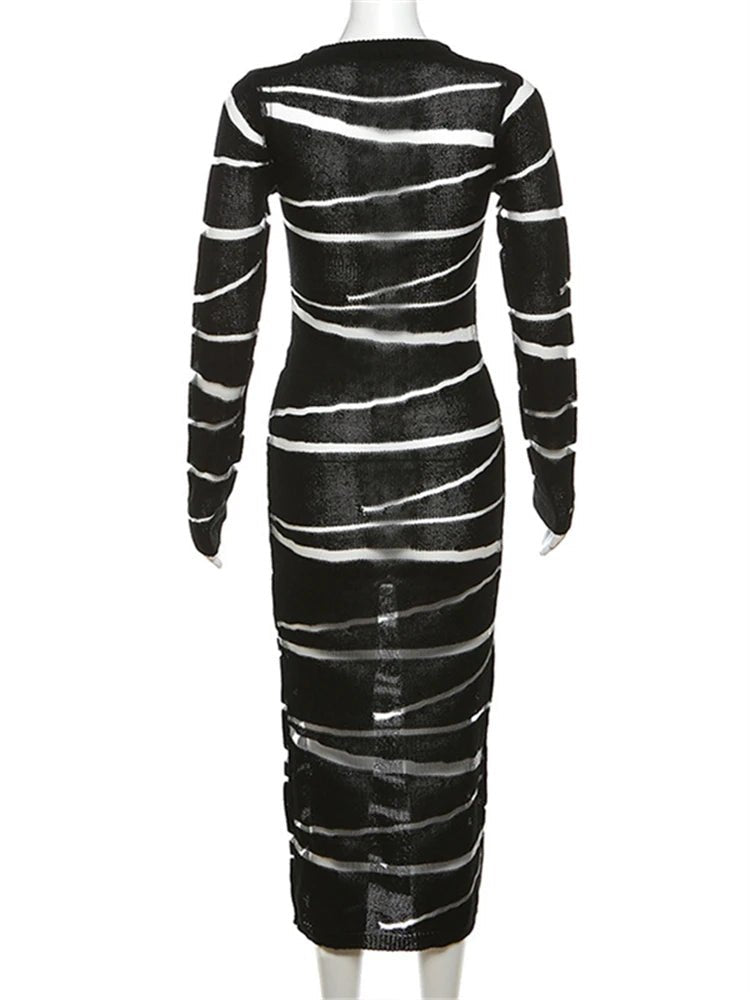 Striped Semi-Sheer Maxi Knit Dress - Kelly Obi New York