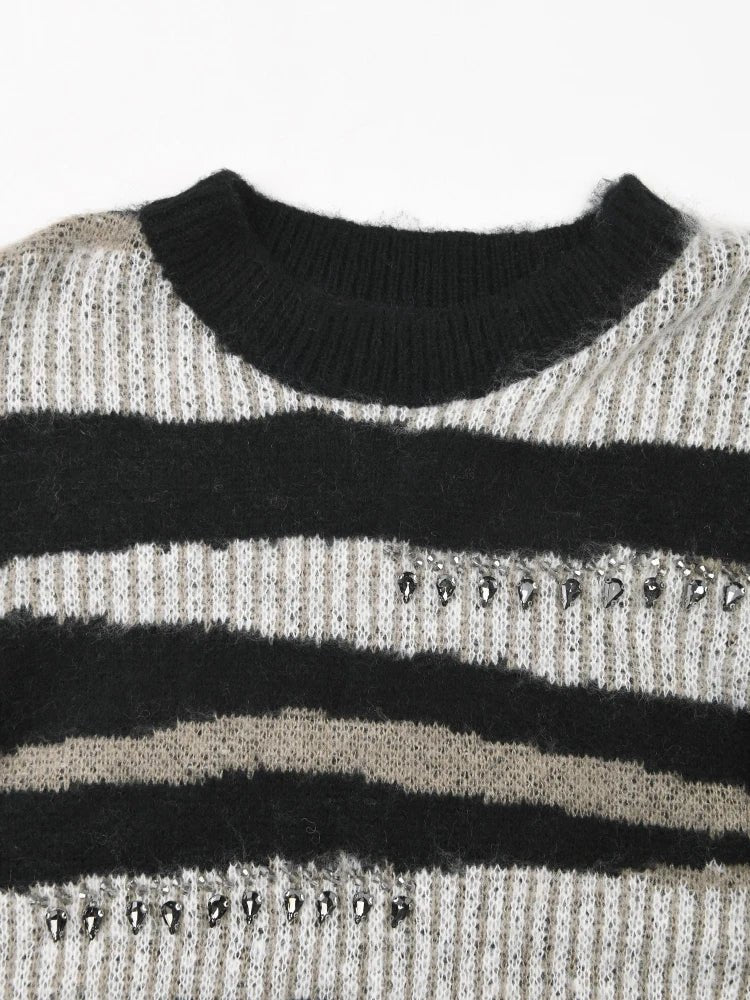 Teardrop Rhinestones Striped Knit Sweater - Kelly Obi New York