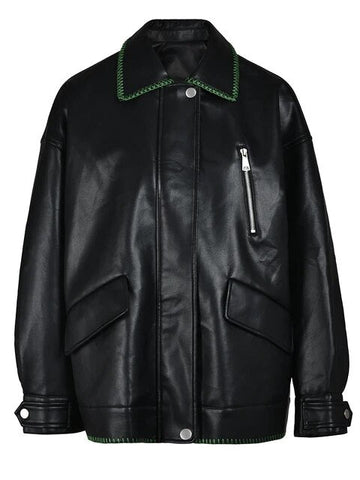 Topstitched Collar Vegan Leather Jacket - Kelly Obi New York