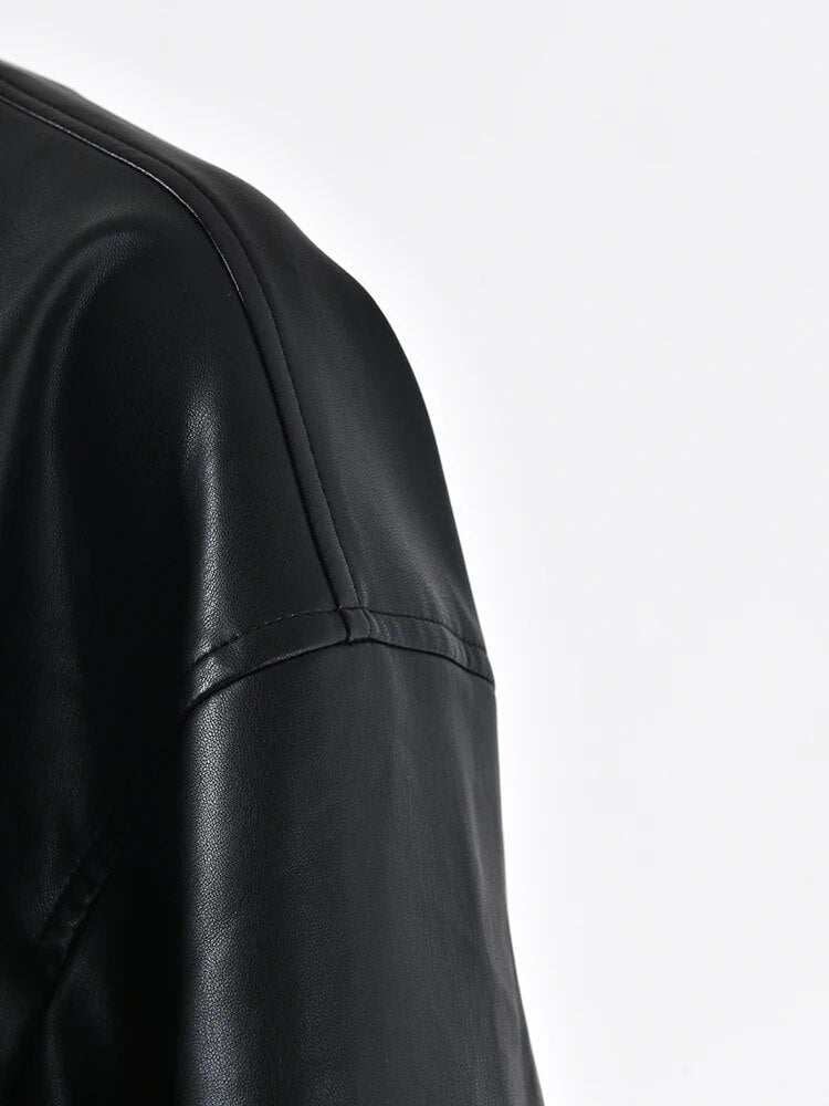 Topstitched Collar Vegan Leather Jacket - Kelly Obi New York