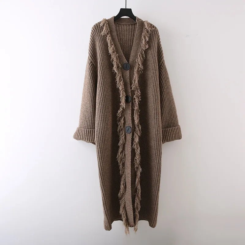 Triple Buttons Tasseled Long Coat - Kelly Obi New York